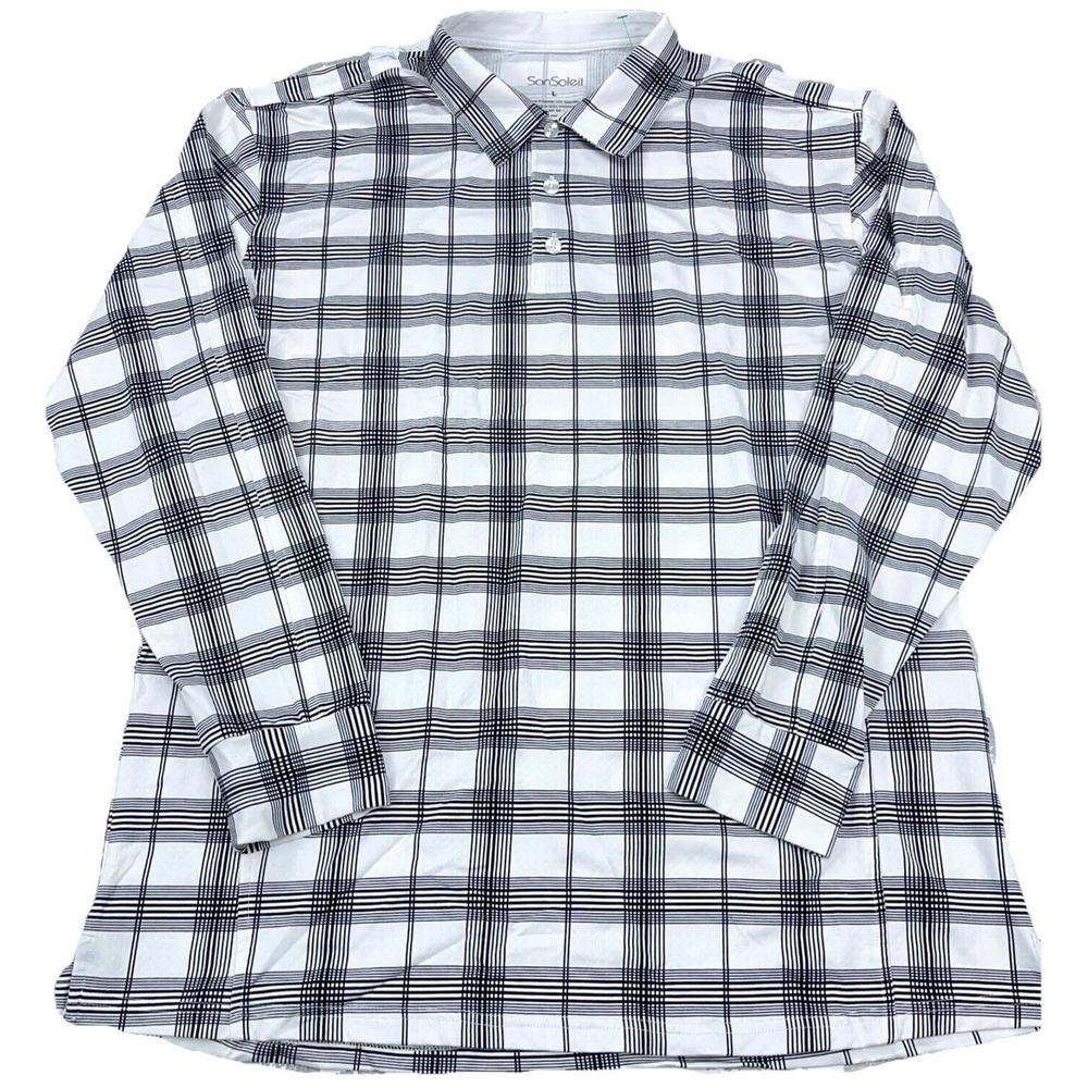 San Soleil Polo Shirt Men‎ Large White Black Plaid Performance Golf Adult UPF 50